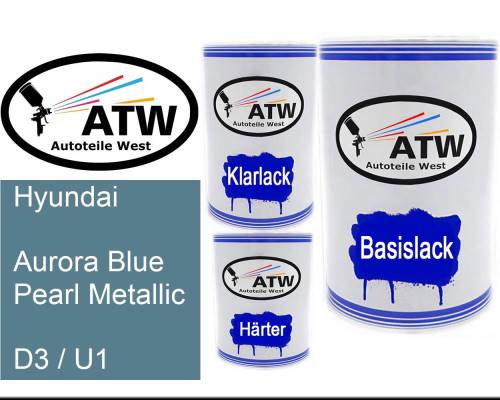 Hyundai, Aurora Blue Pearl Metallic, D3 / U1: 500ml Lackdose + 500ml Klarlack + 250ml Härter - Set, von ATW Autoteile West.